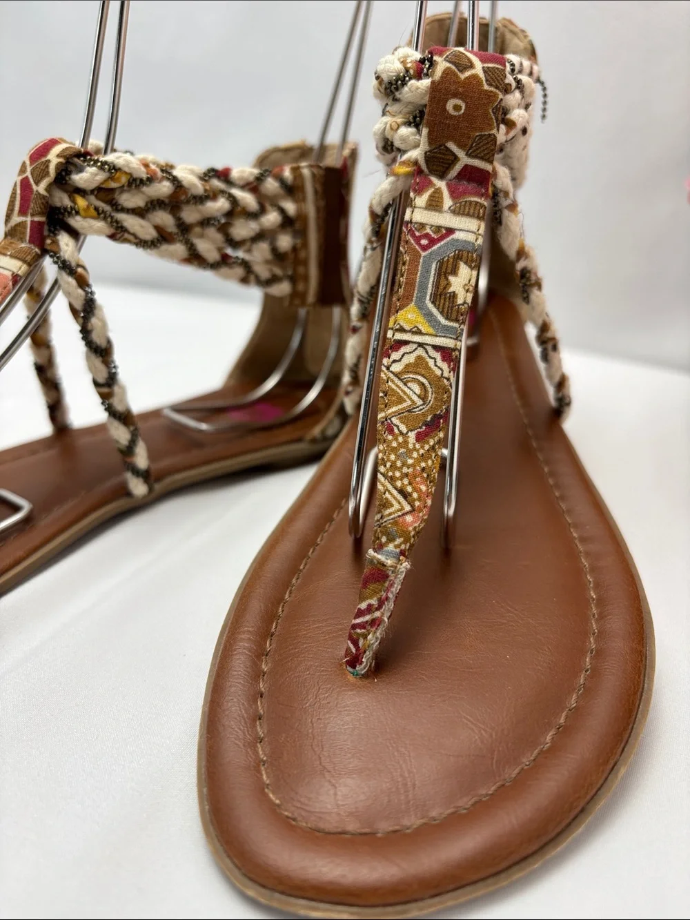 bp Womens 6 Multi Texture Brown and Beige Braided‎ T-Strap Sandals#475
